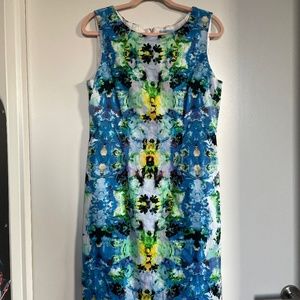 Retro blue and abstract pattern sleeveless dress